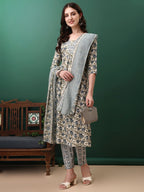 Floral Printed Kurta With Pant & Dupatta, Navy Blue - Hiral Fashion - Distacart