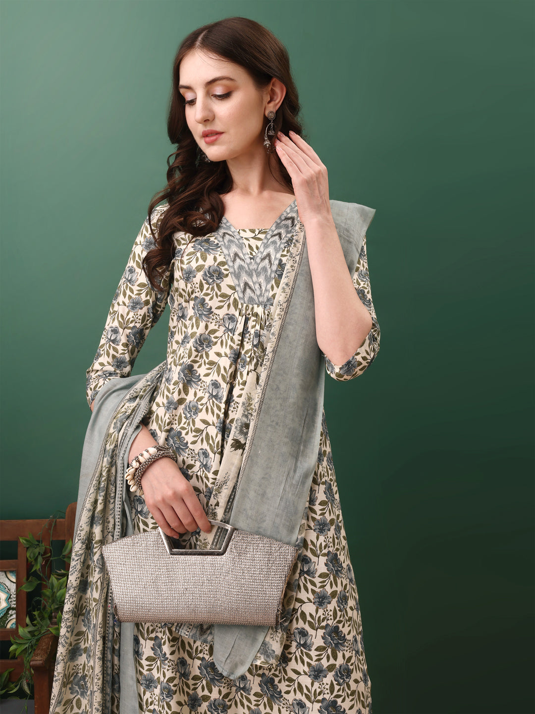 Floral Printed Kurta With Pant & Dupatta, Navy Blue - Hiral Fashion - Distacart