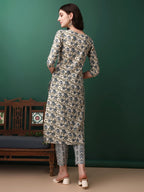 Floral Printed Kurta With Pant & Dupatta, Navy Blue - Hiral Fashion - Distacart