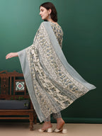 Floral Printed Kurta With Pant & Dupatta, Navy Blue - Hiral Fashion - Distacart