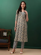 Floral Printed Kurta With Pant & Dupatta, Navy Blue - Hiral Fashion - Distacart