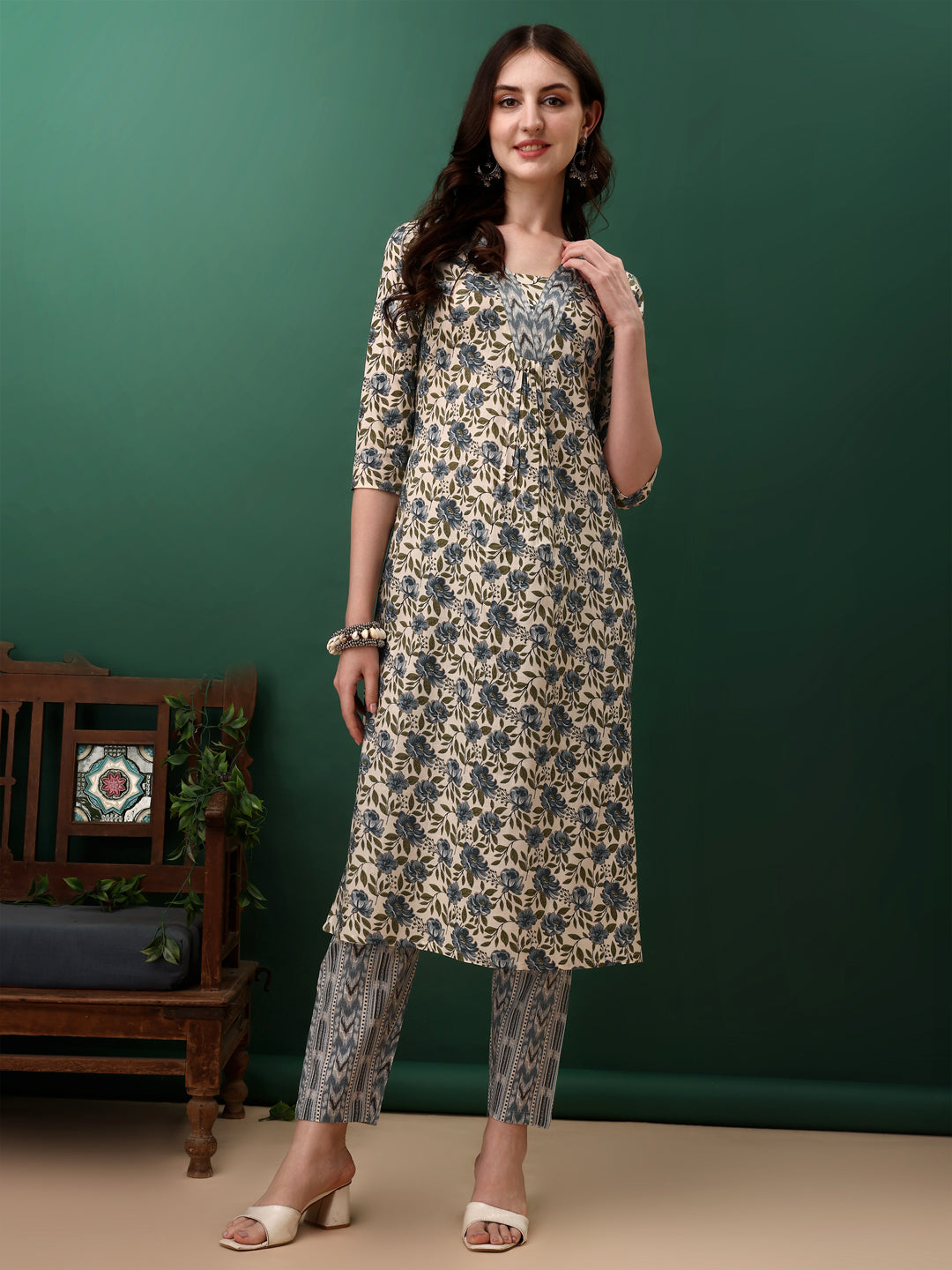 Floral Printed Kurta With Pant & Dupatta, Navy Blue - Hiral Fashion - Distacart