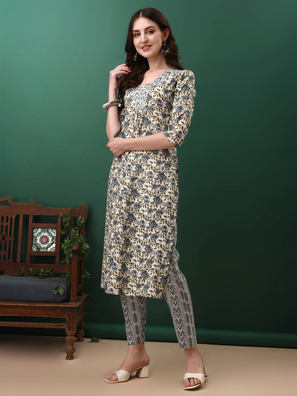 Floral Printed Kurta With Pant & Dupatta, Navy Blue - Hiral Fashion - Distacart