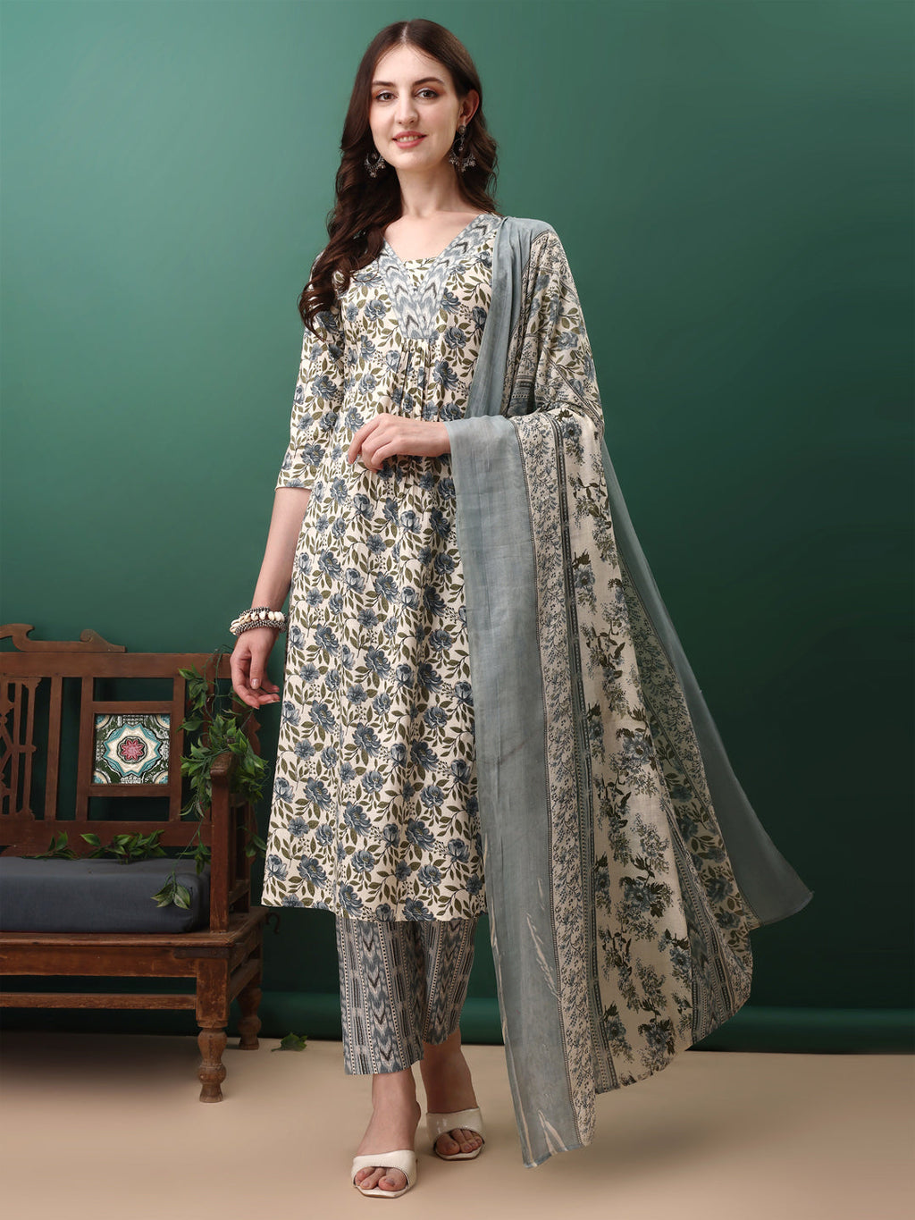 Floral Printed Kurta With Pant & Dupatta, Navy Blue - Hiral Fashion - Distacart