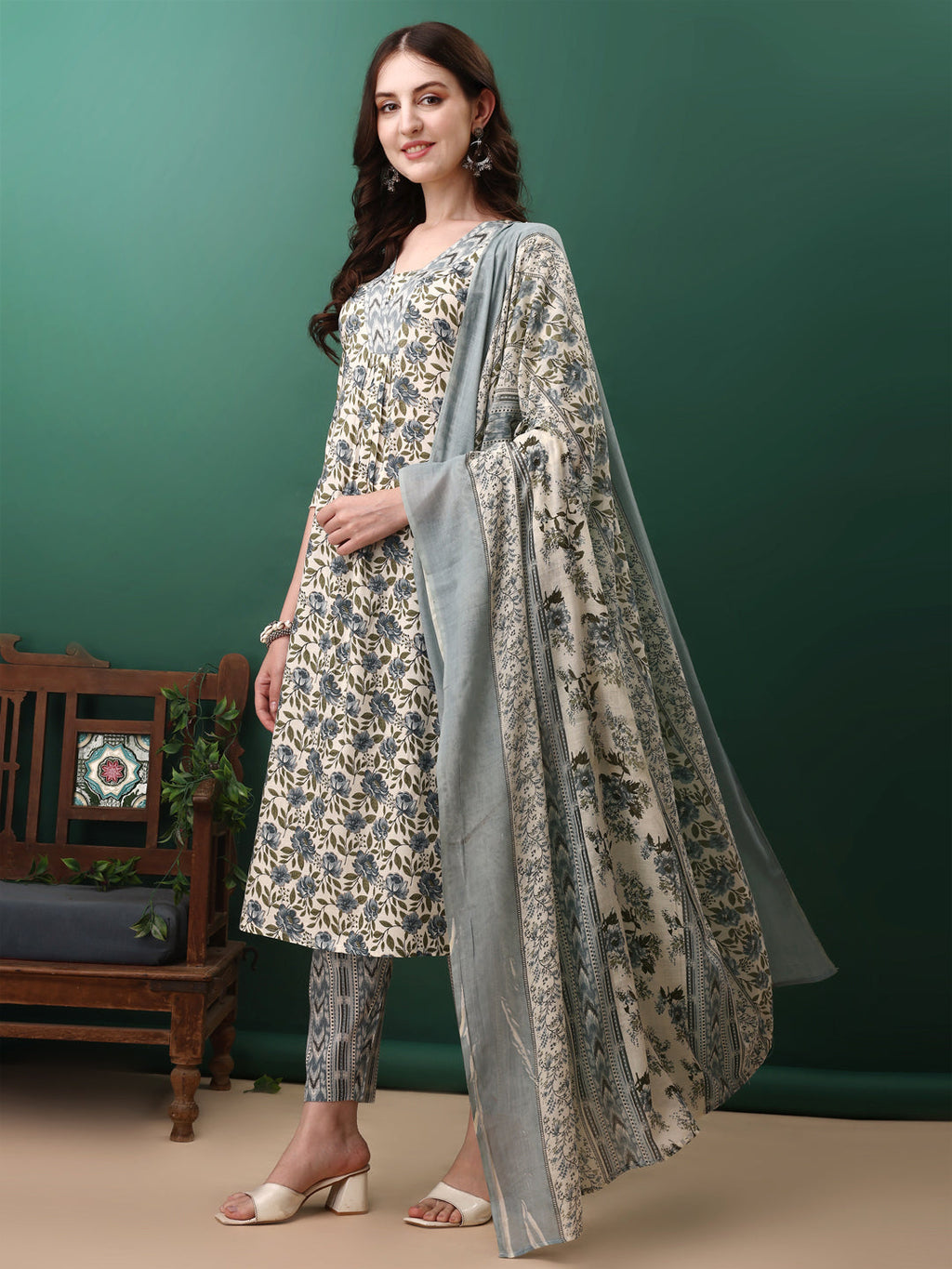 Floral Printed Kurta With Pant & Dupatta, Navy Blue - Hiral Fashion - Distacart