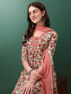 Floral Printed Kurta With Pant & Dupatta, Pink - Hiral Fashion - Distacart