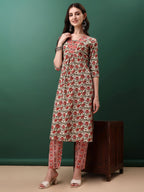 Floral Printed Kurta With Pant & Dupatta, Pink - Hiral Fashion - Distacart