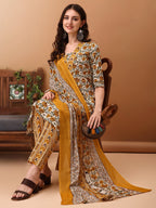 Floral Printed Kurta With Pant & Dupatta, Yellow - Hiral Fashion - Distacart