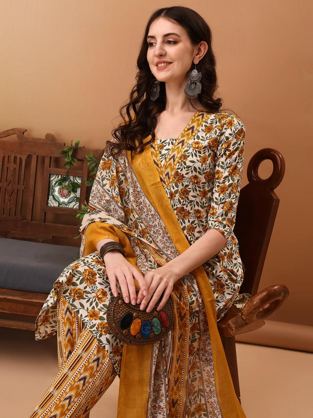 Floral Printed Kurta With Pant & Dupatta, Yellow - Hiral Fashion - Distacart
