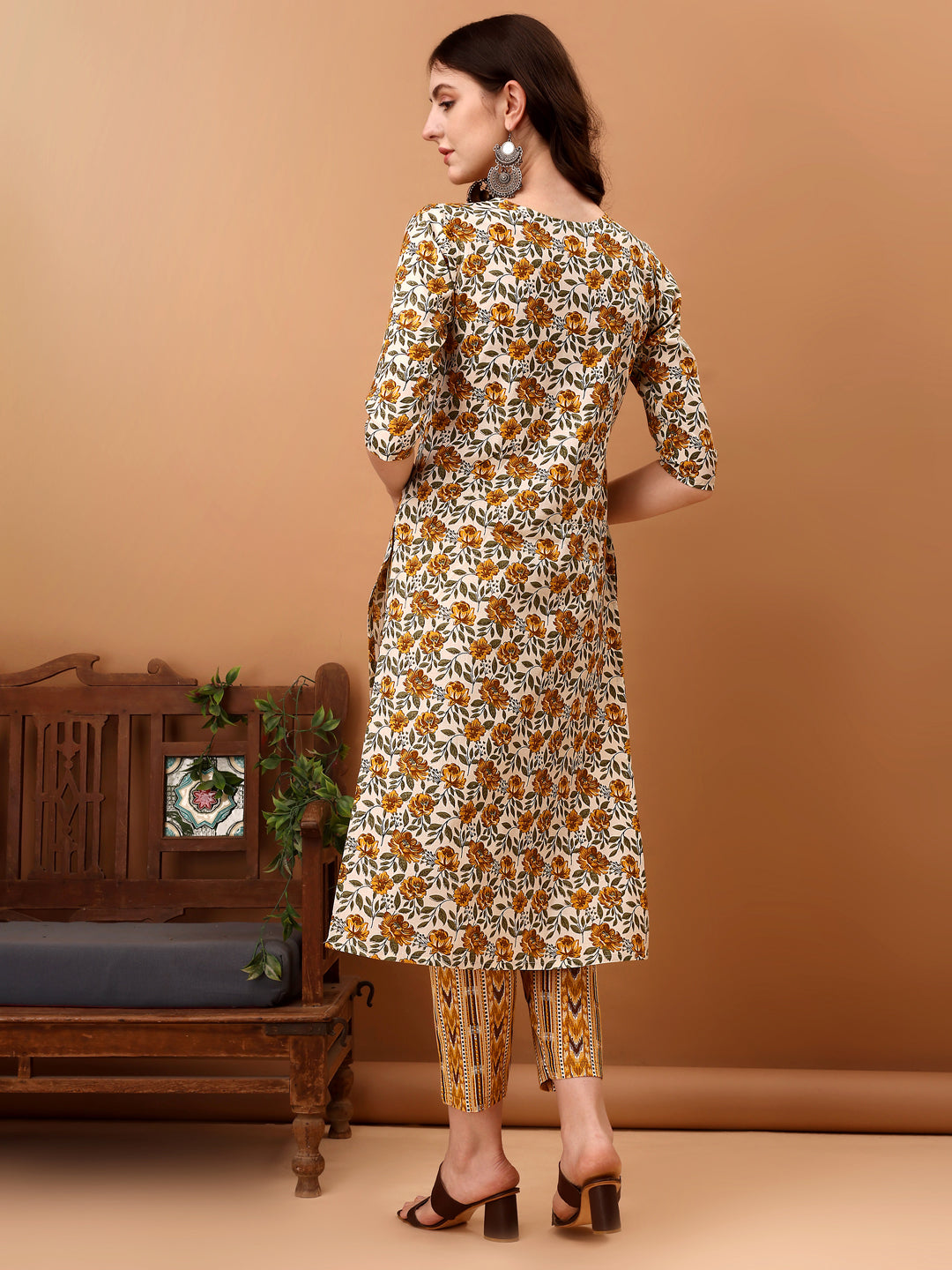 Floral Printed Kurta With Pant & Dupatta, Yellow - Hiral Fashion - Distacart
