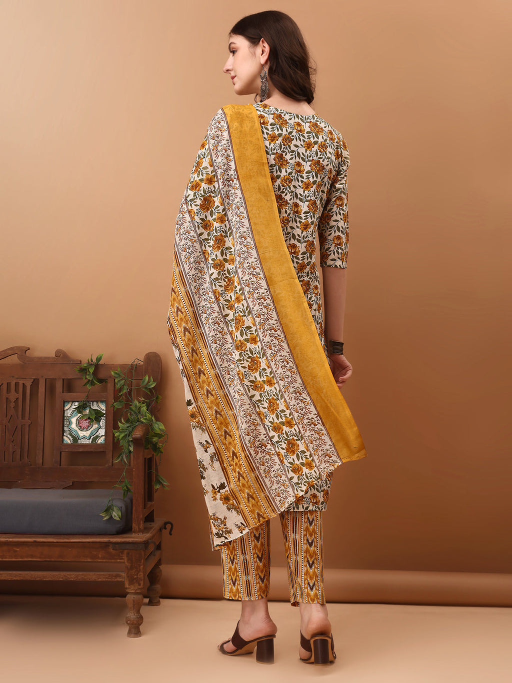 Floral Printed Kurta With Pant & Dupatta, Yellow - Hiral Fashion - Distacart