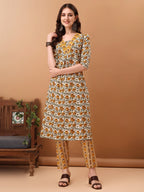 Floral Printed Kurta With Pant & Dupatta, Yellow - Hiral Fashion - Distacart