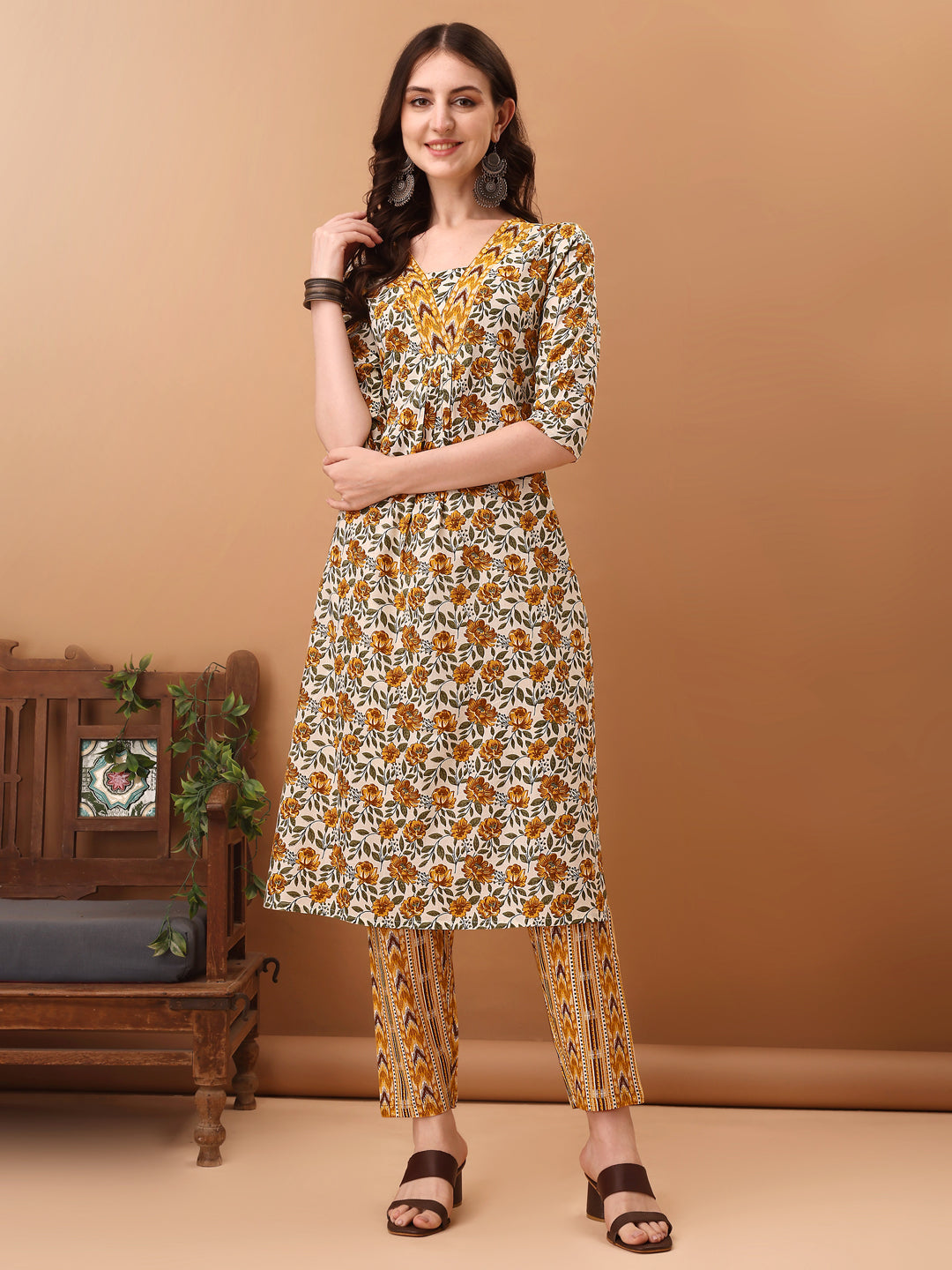 Floral Printed Kurta With Pant & Dupatta, Yellow - Hiral Fashion - Distacart