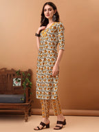 Floral Printed Kurta With Pant & Dupatta, Yellow - Hiral Fashion - Distacart