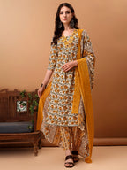 Floral Printed Kurta With Pant & Dupatta, Yellow - Hiral Fashion - Distacart