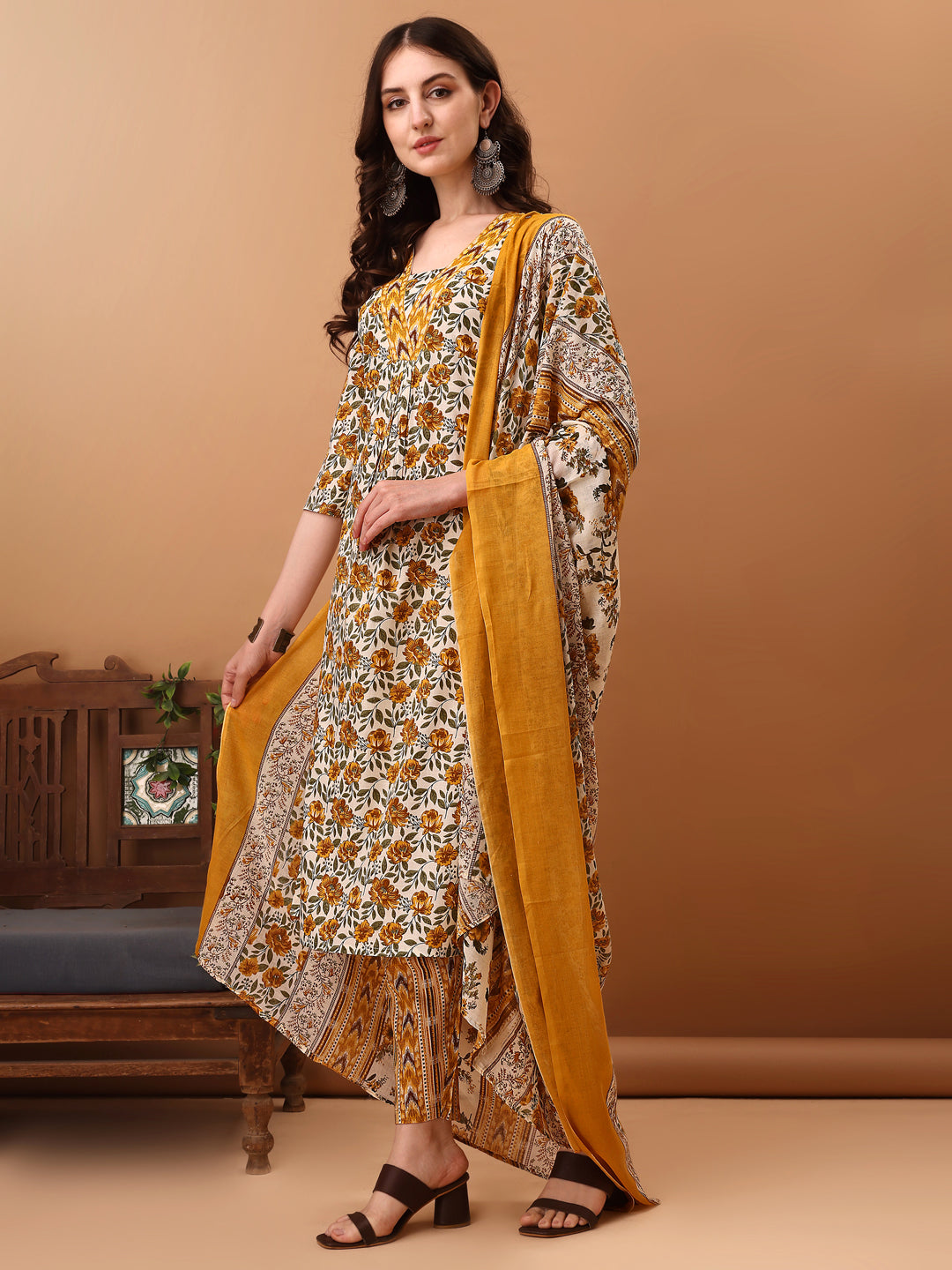 Floral Printed Kurta With Pant & Dupatta, Yellow - Hiral Fashion - Distacart