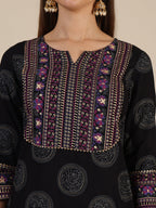 Printed Rayon Kurta With Pant & Printed Dupatta, Black - Hiral Fashion