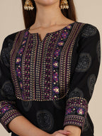 Printed Rayon Kurta With Pant & Printed Dupatta, Black - Hiral Fashion