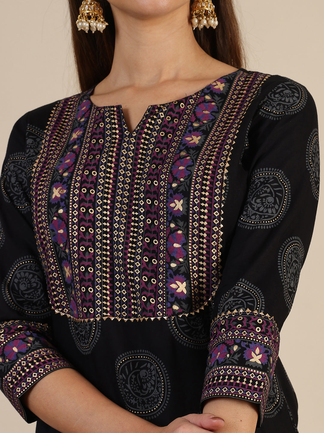 Printed Rayon Kurta With Pant & Printed Dupatta, Black - Hiral Fashion