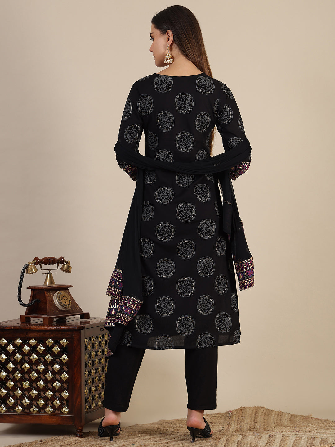 Printed Rayon Kurta With Pant & Printed Dupatta, Black - Hiral Fashion