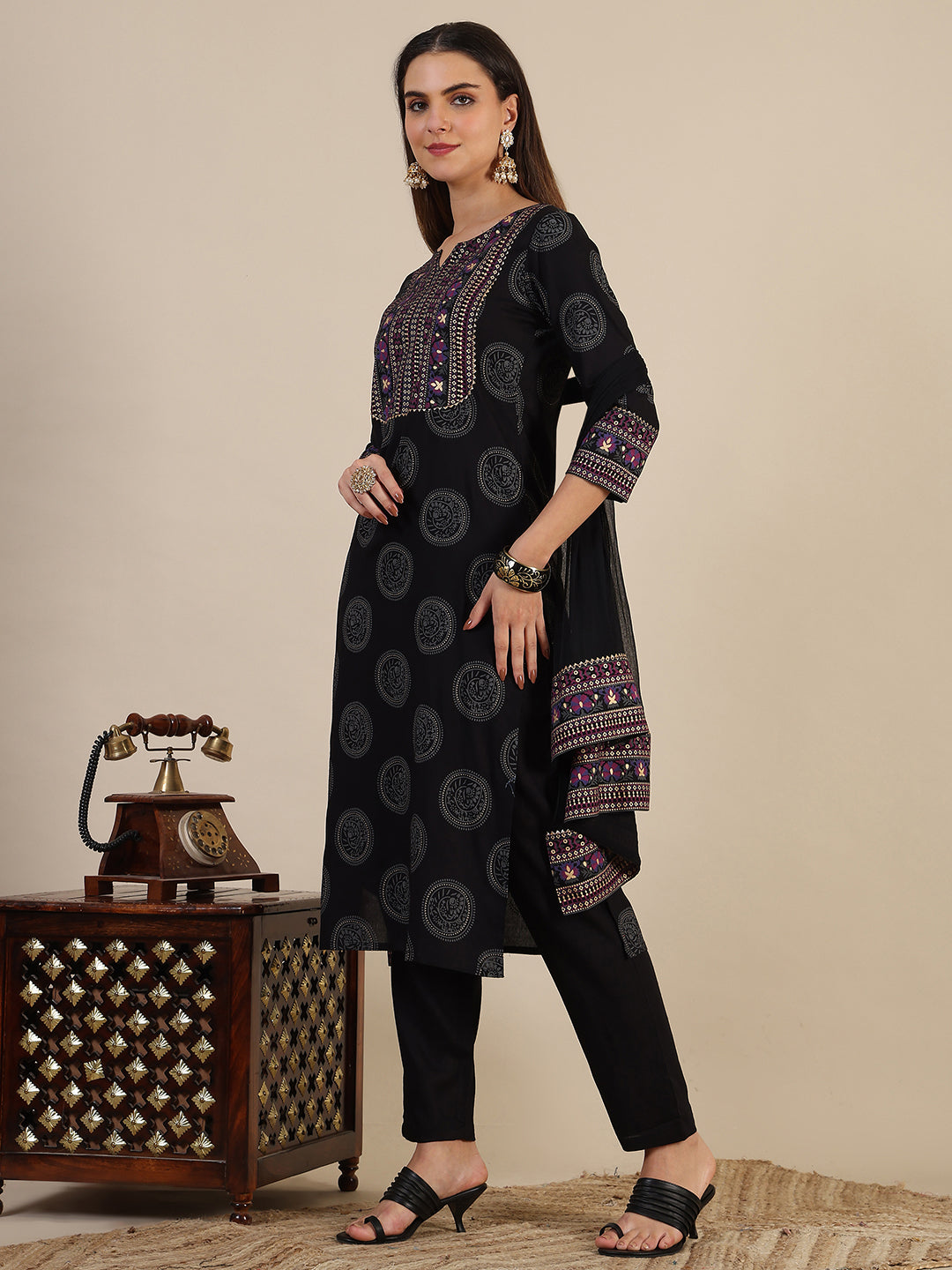 Printed Rayon Kurta With Pant & Printed Dupatta, Black - Hiral Fashion