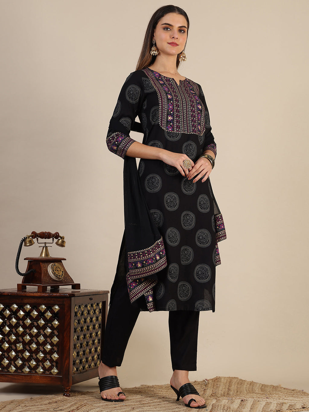 Printed Rayon Kurta With Pant & Printed Dupatta, Black - Hiral Fashion