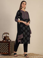 Printed Rayon Kurta With Pant & Printed Dupatta, Black - Hiral Fashion