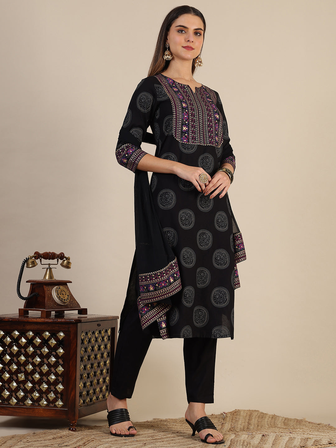 Printed Rayon Kurta With Pant & Printed Dupatta, Black - Hiral Fashion