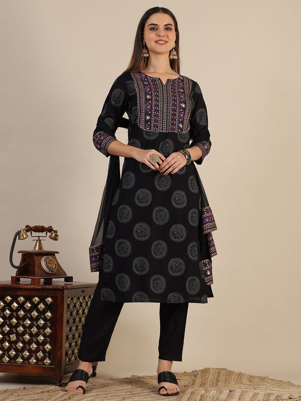 Printed Rayon Kurta With Pant & Printed Dupatta, Black - Hiral Fashion