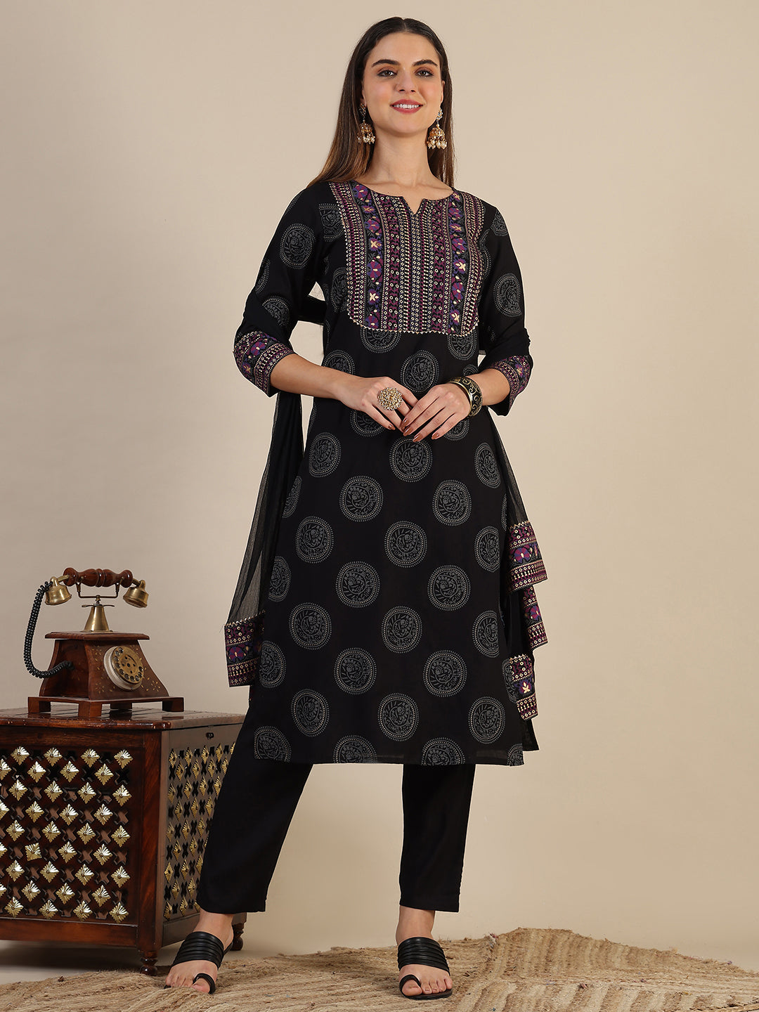 Printed Rayon Kurta With Pant & Printed Dupatta, Black - Hiral Fashion