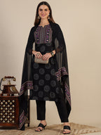 Printed Rayon Kurta With Pant & Printed Dupatta, Black - Hiral Fashion