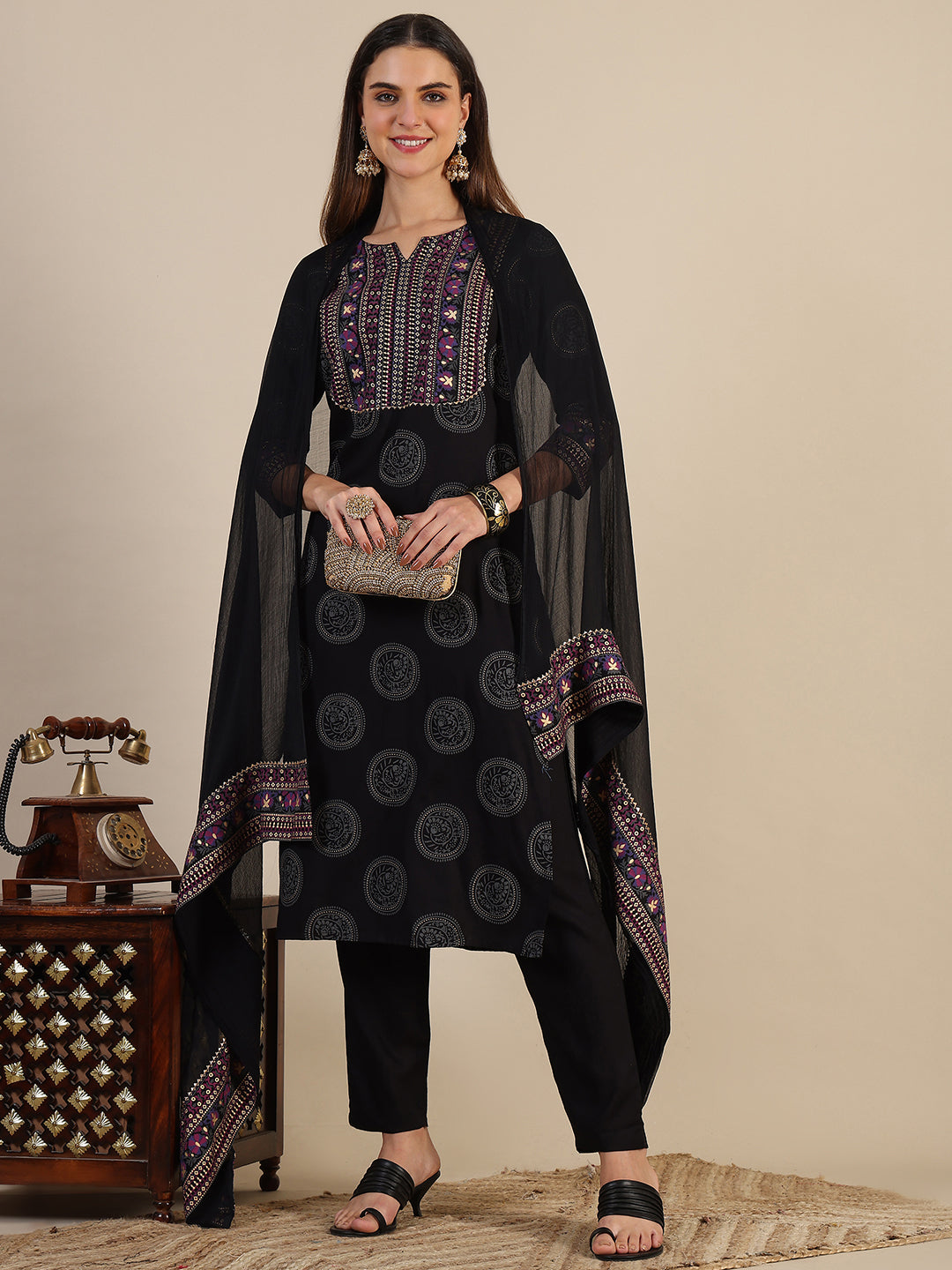 Printed Rayon Kurta With Pant & Printed Dupatta, Black - Hiral Fashion