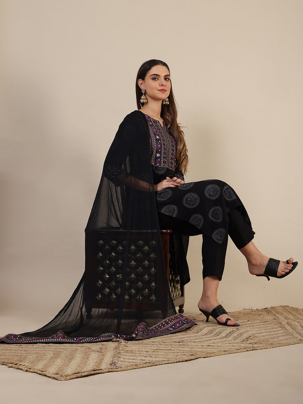 Printed Rayon Kurta With Pant & Printed Dupatta, Black - Hiral Fashion