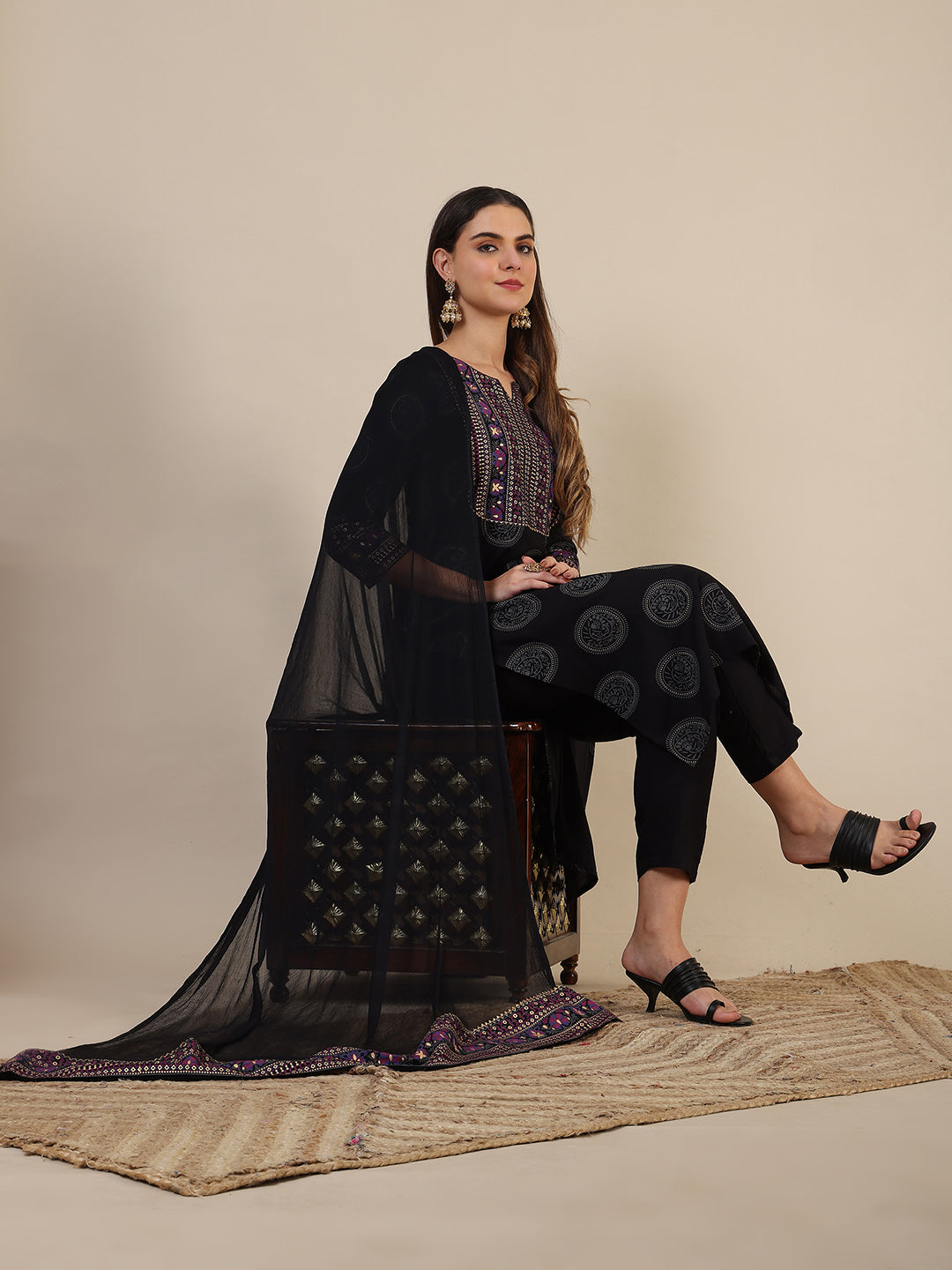 Printed Rayon Kurta With Pant & Printed Dupatta, Black - Hiral Fashion