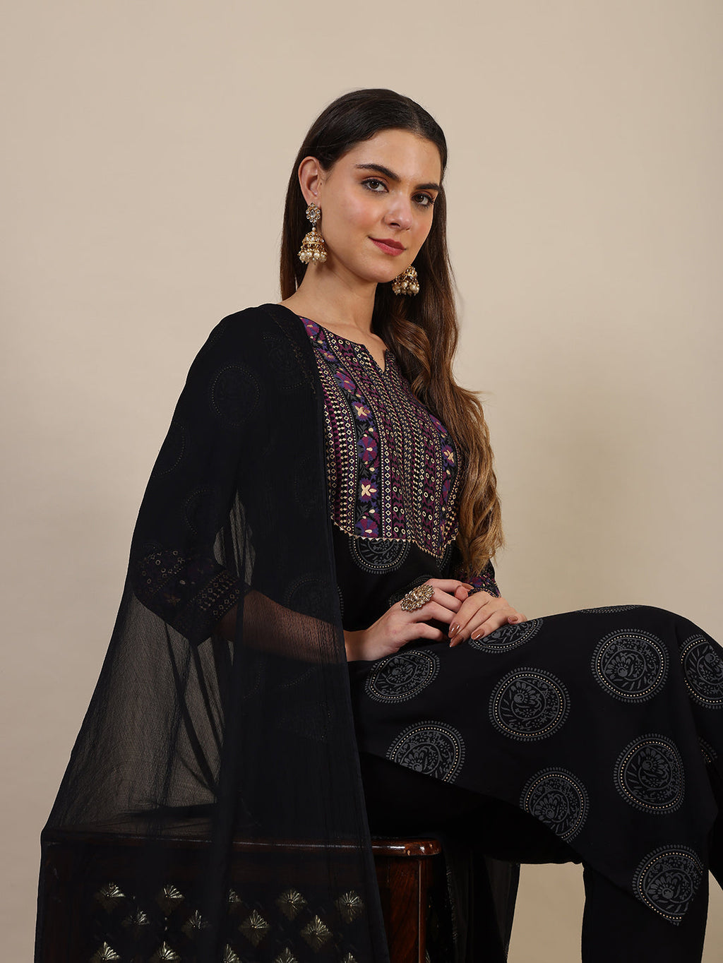 Printed Rayon Kurta With Pant & Printed Dupatta, Black - Hiral Fashion