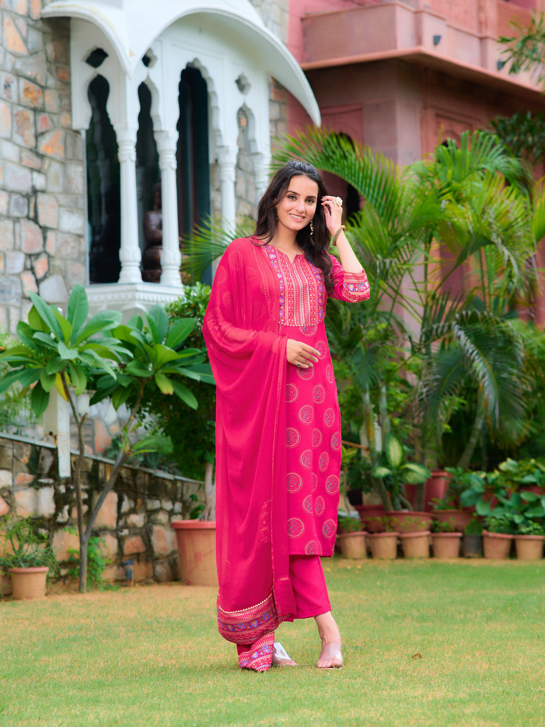 Printed Rayon Kurta With Pant & Printed Dupatta, Pink - Hiral Fashion - Distacart