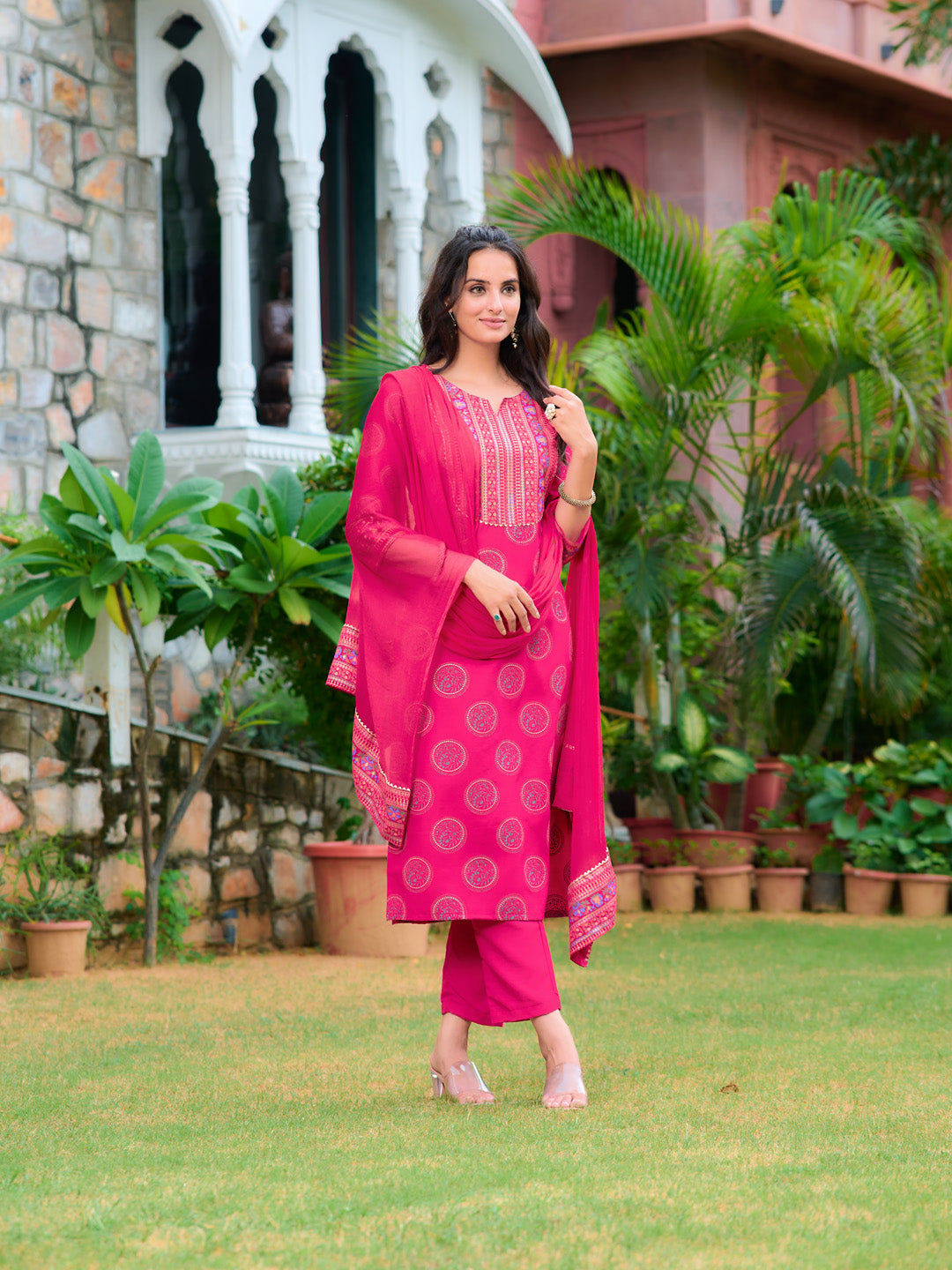 Printed Rayon Kurta With Pant & Printed Dupatta, Pink - Hiral Fashion - Distacart