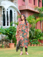 Printed Kurta With Pant & Printed Dupatta, Green - Hiral Fashion - Distacart