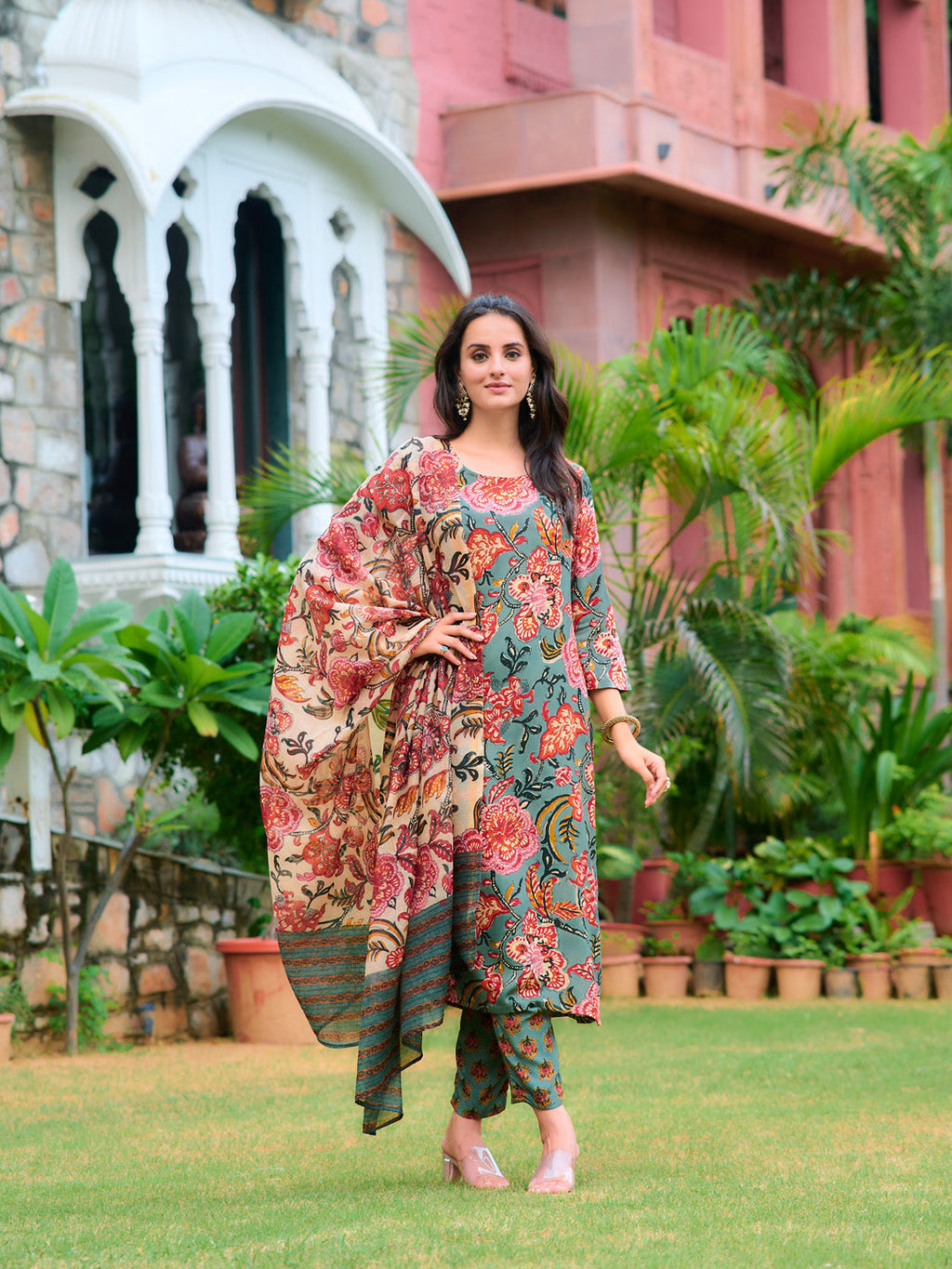 Printed Kurta With Pant & Printed Dupatta, Green - Hiral Fashion - Distacart