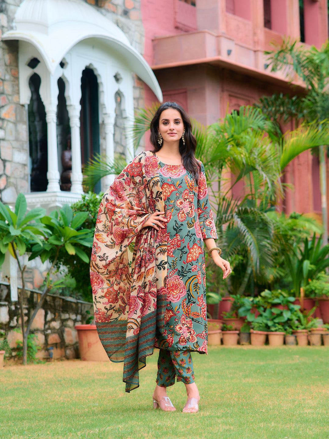 Printed Kurta With Pant & Printed Dupatta, Green - Hiral Fashion - Distacart