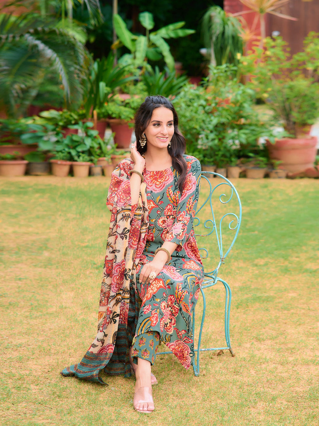 Printed Kurta With Pant & Printed Dupatta, Green - Hiral Fashion - Distacart