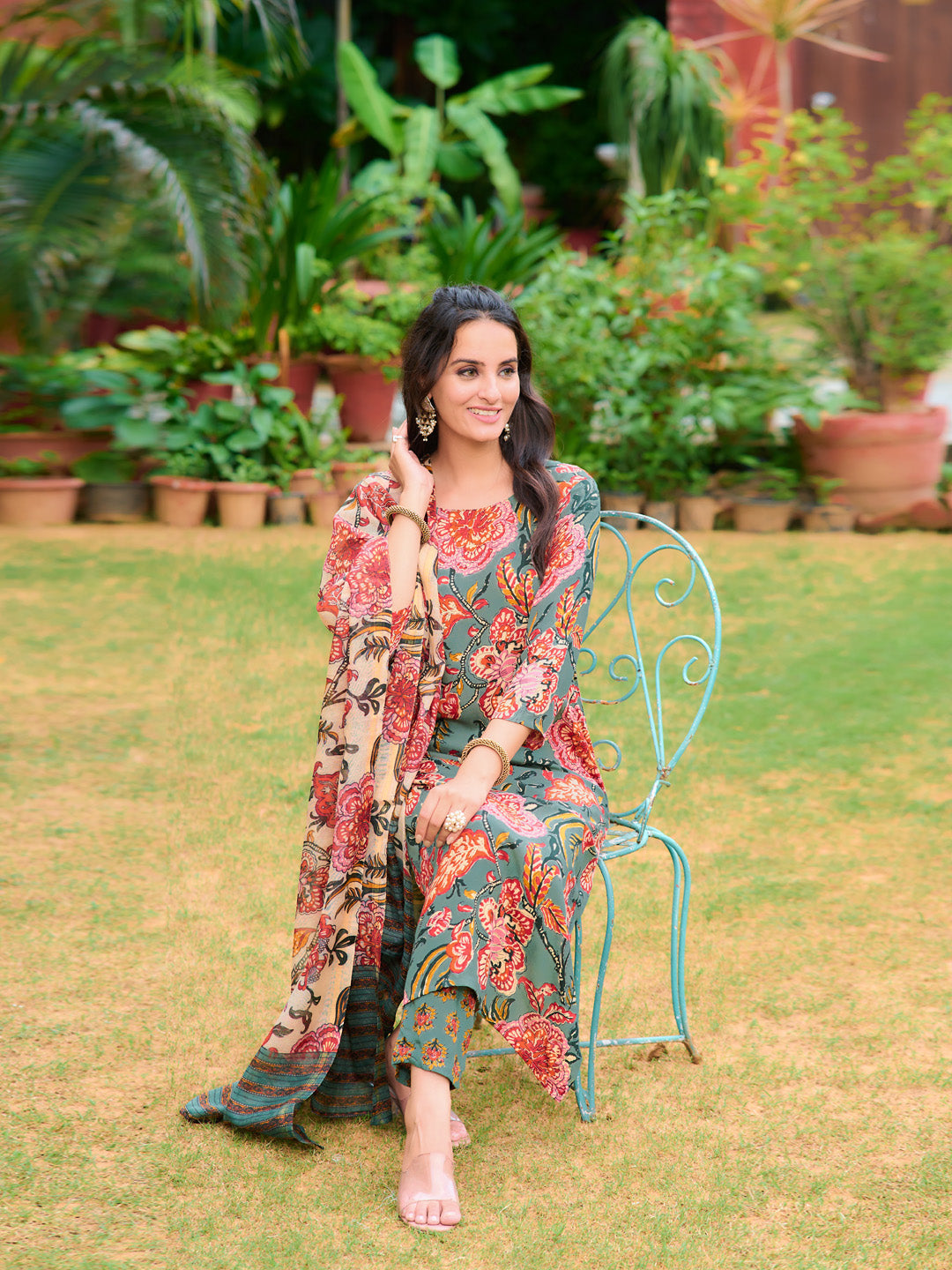Printed Kurta With Pant & Printed Dupatta, Green - Hiral Fashion - Distacart