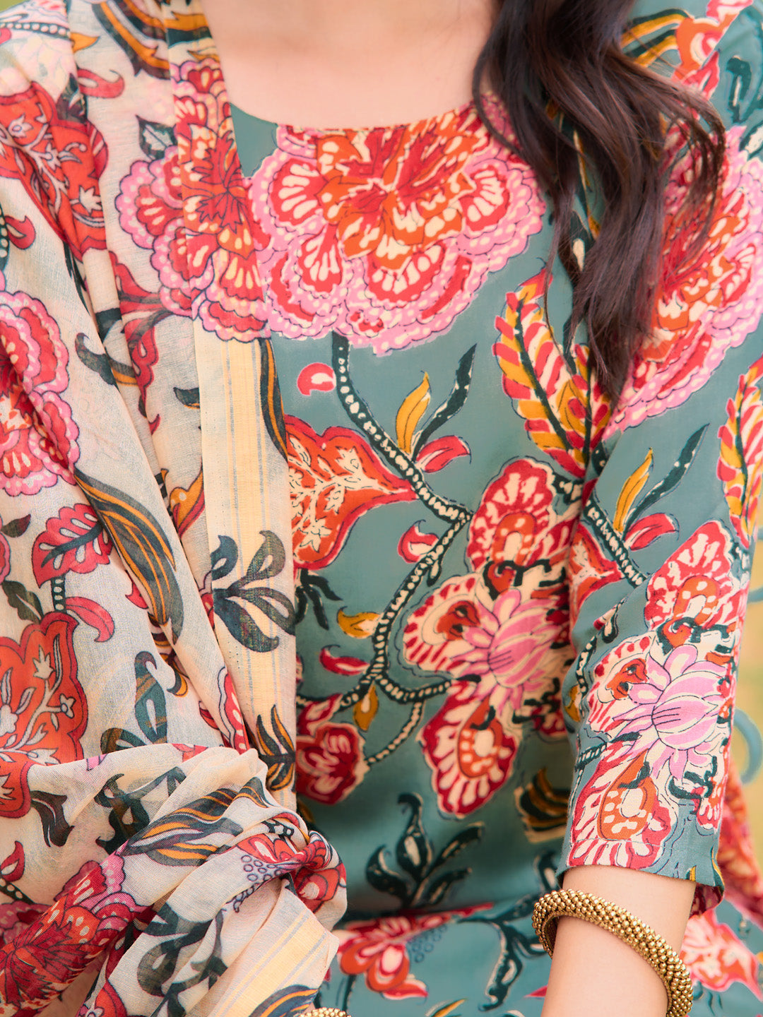 Printed Kurta With Pant & Printed Dupatta, Green - Hiral Fashion - Distacart