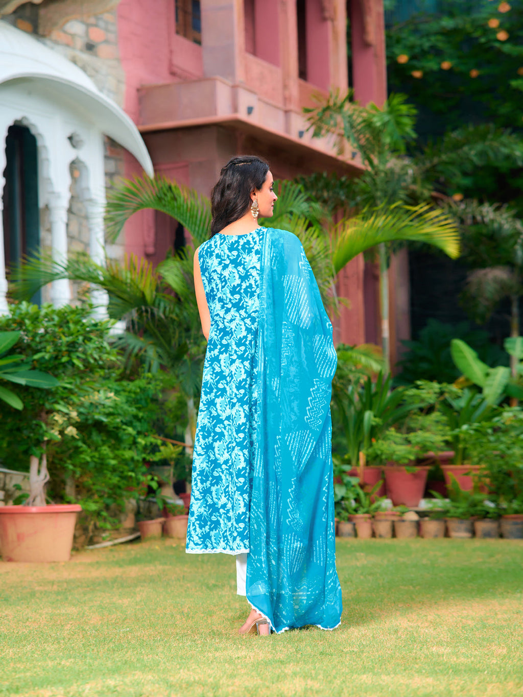 Printed Flared Kurta With Pant & Dupatta, Blue - Hiral Fashion - Distacart