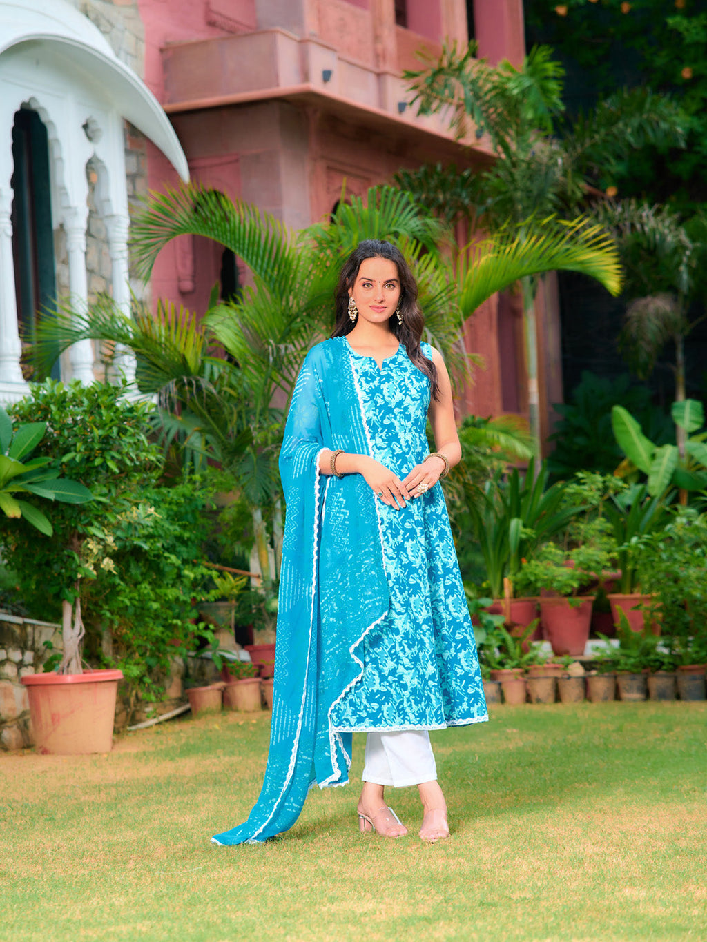 Printed Flared Kurta With Pant & Dupatta, Blue - Hiral Fashion - Distacart