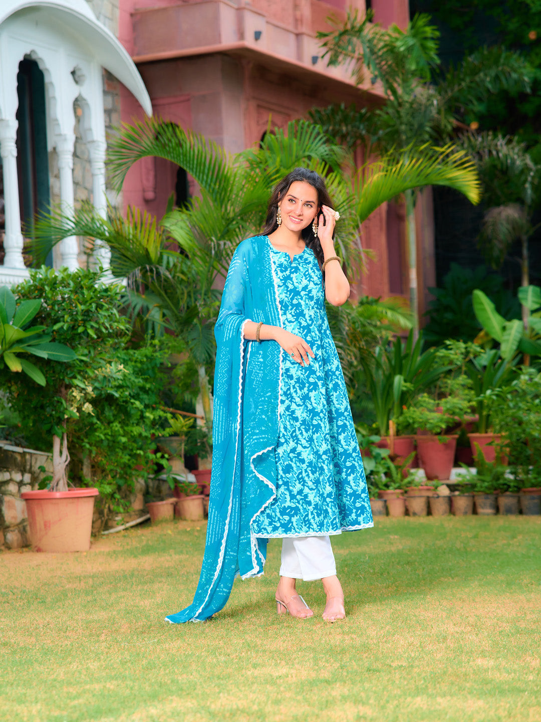Printed Flared Kurta With Pant & Dupatta, Blue - Hiral Fashion - Distacart