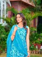 Printed Flared Kurta With Pant & Dupatta, Blue - Hiral Fashion - Distacart