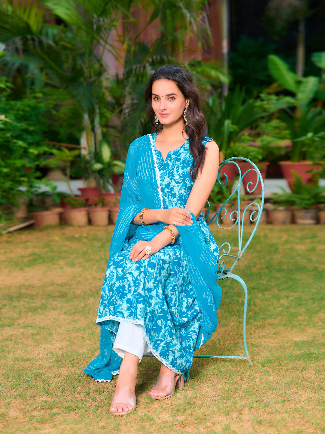 Printed Flared Kurta With Pant & Dupatta, Blue - Hiral Fashion - Distacart