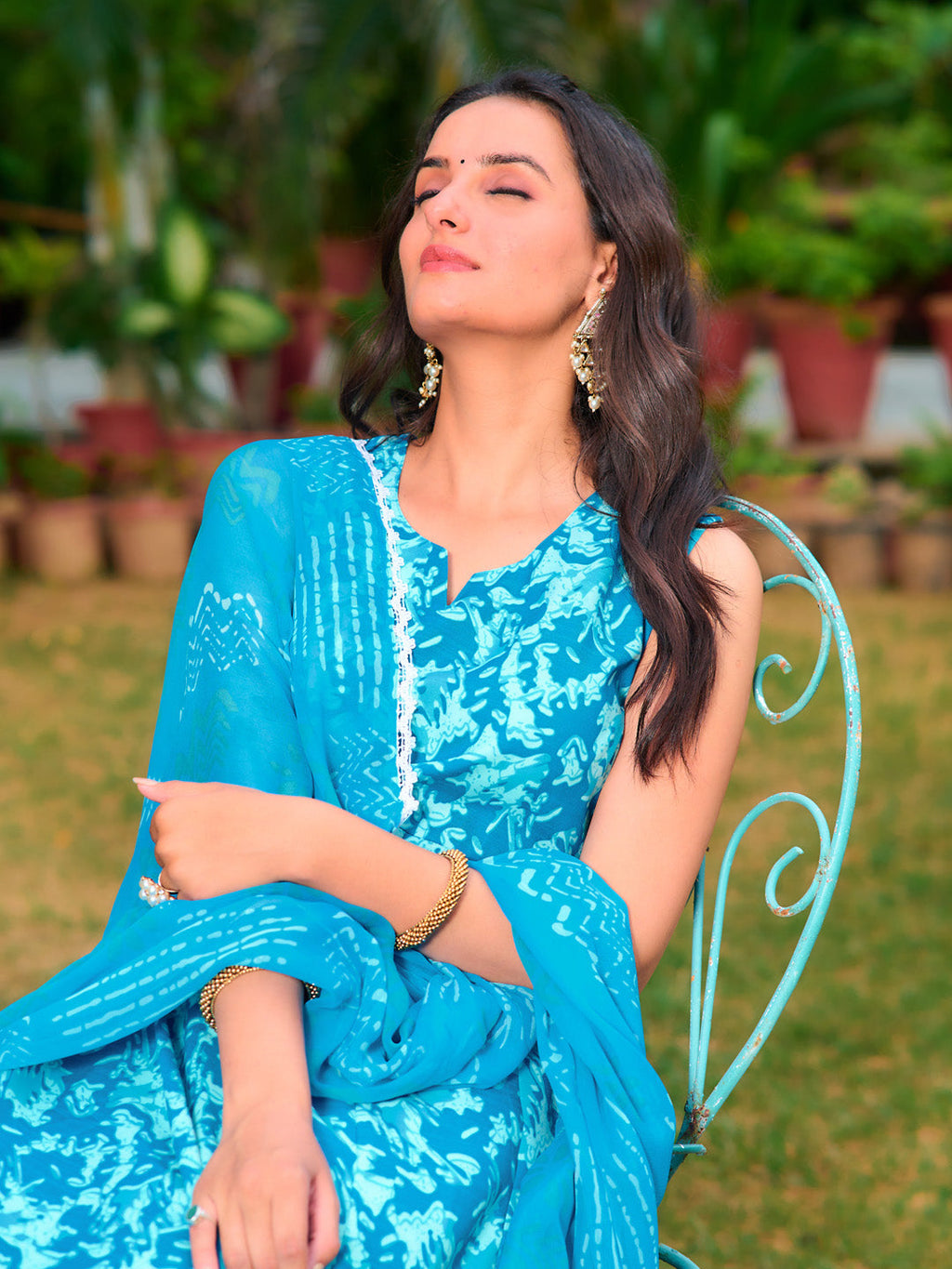 Printed Flared Kurta With Pant & Dupatta, Blue - Hiral Fashion - Distacart