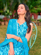 Printed Flared Kurta With Pant & Dupatta, Blue - Hiral Fashion - Distacart